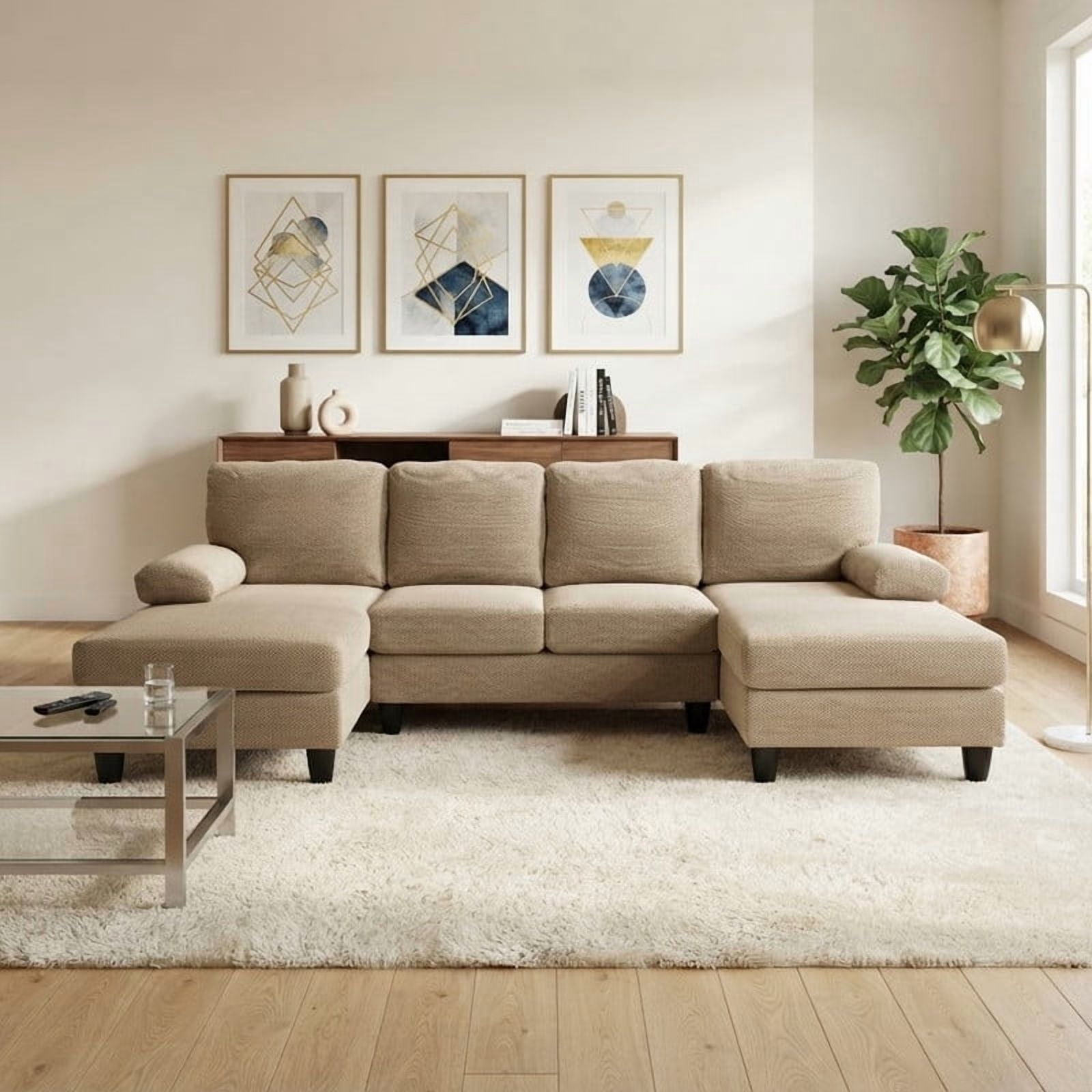 Upholstered U-Shaped Sectional Sofa, Deep Seat Sofa Couch with Dual Chaise, Plush Armrests, Modular Sofa for Living Room Apartment