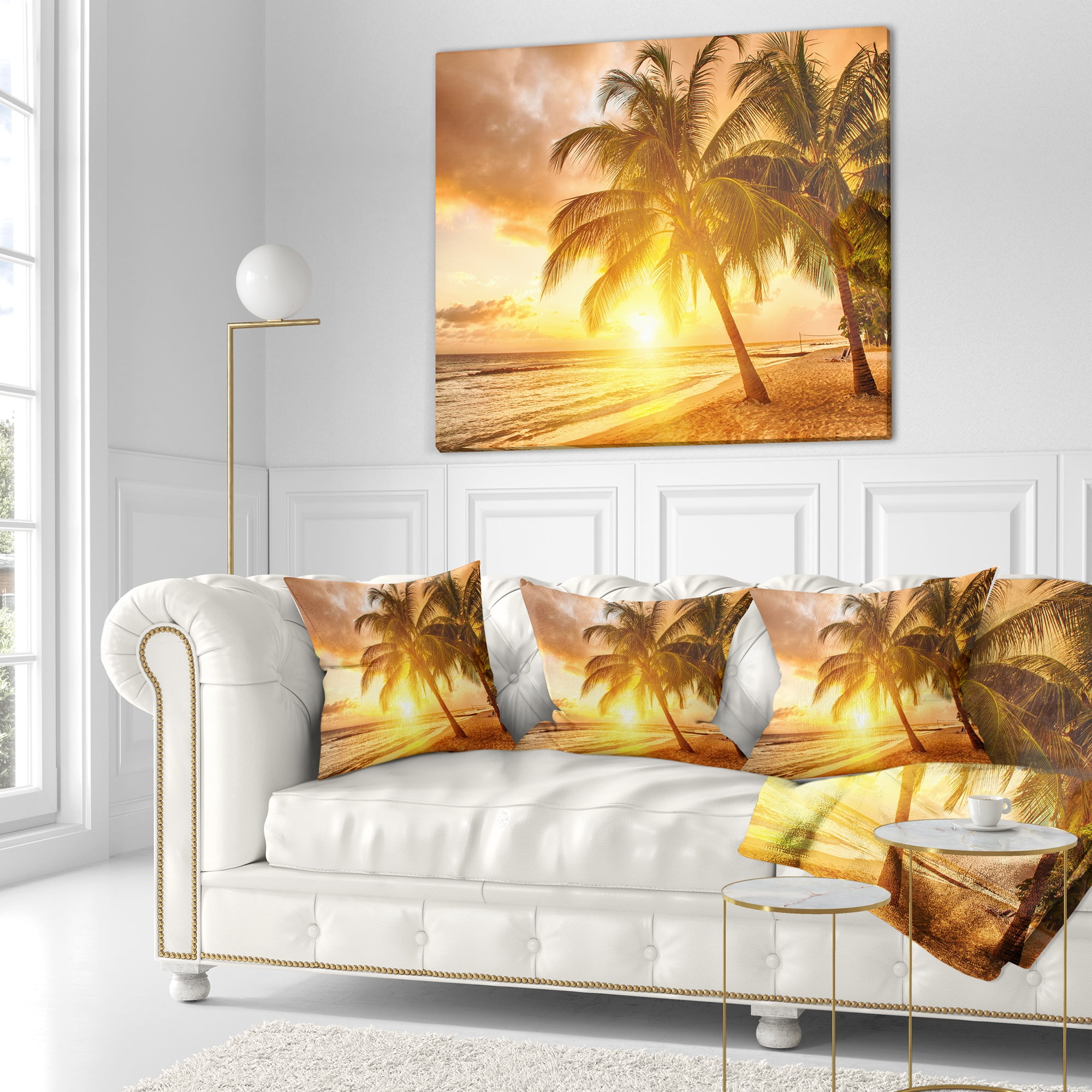 Designart Bright Sunset at Barbados Island - Modern Seascape Throw Pillow - 18x18
