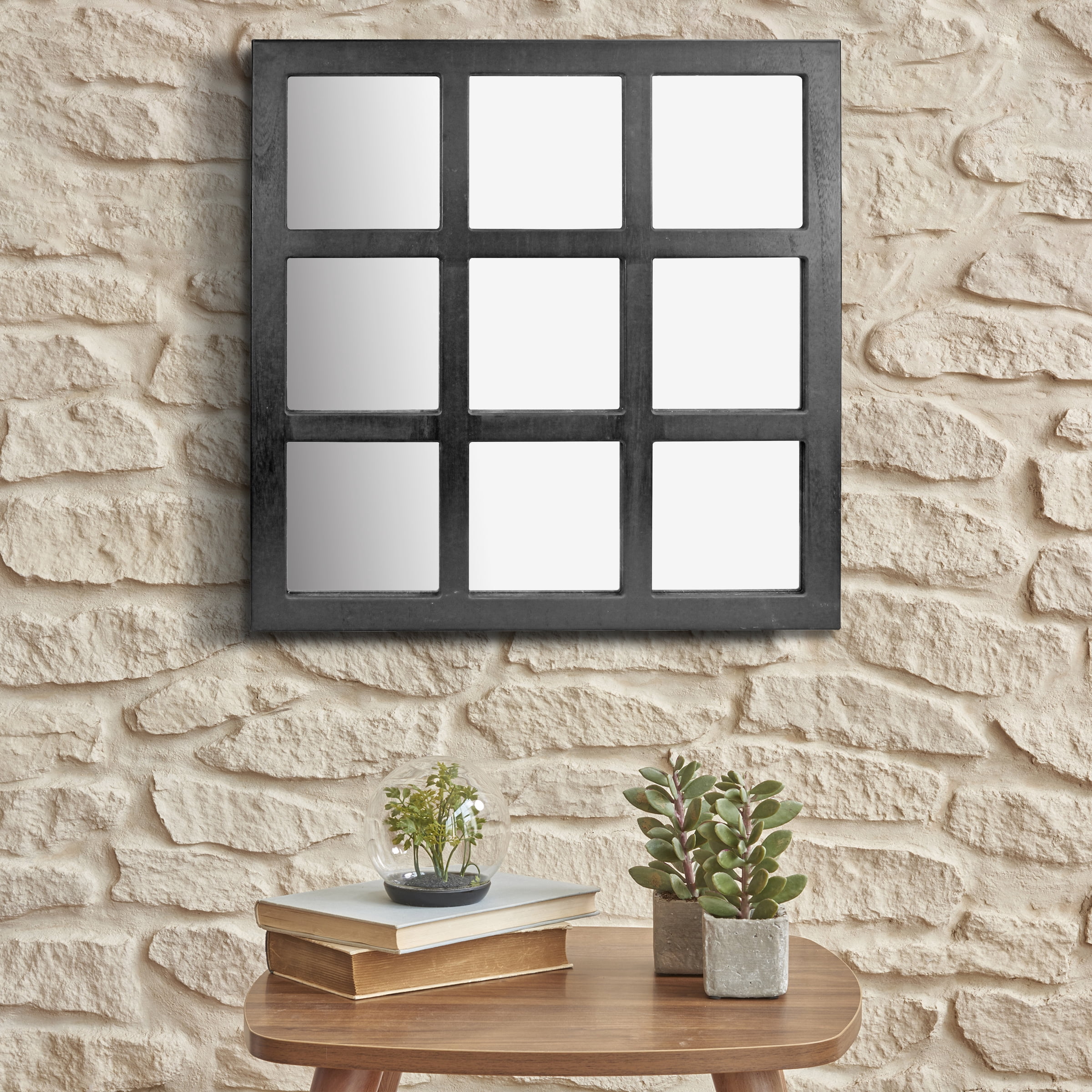Stonebriar 23.5" x 23.5" Black Farmhouse 9-Panel Window Pane Wall Mirror