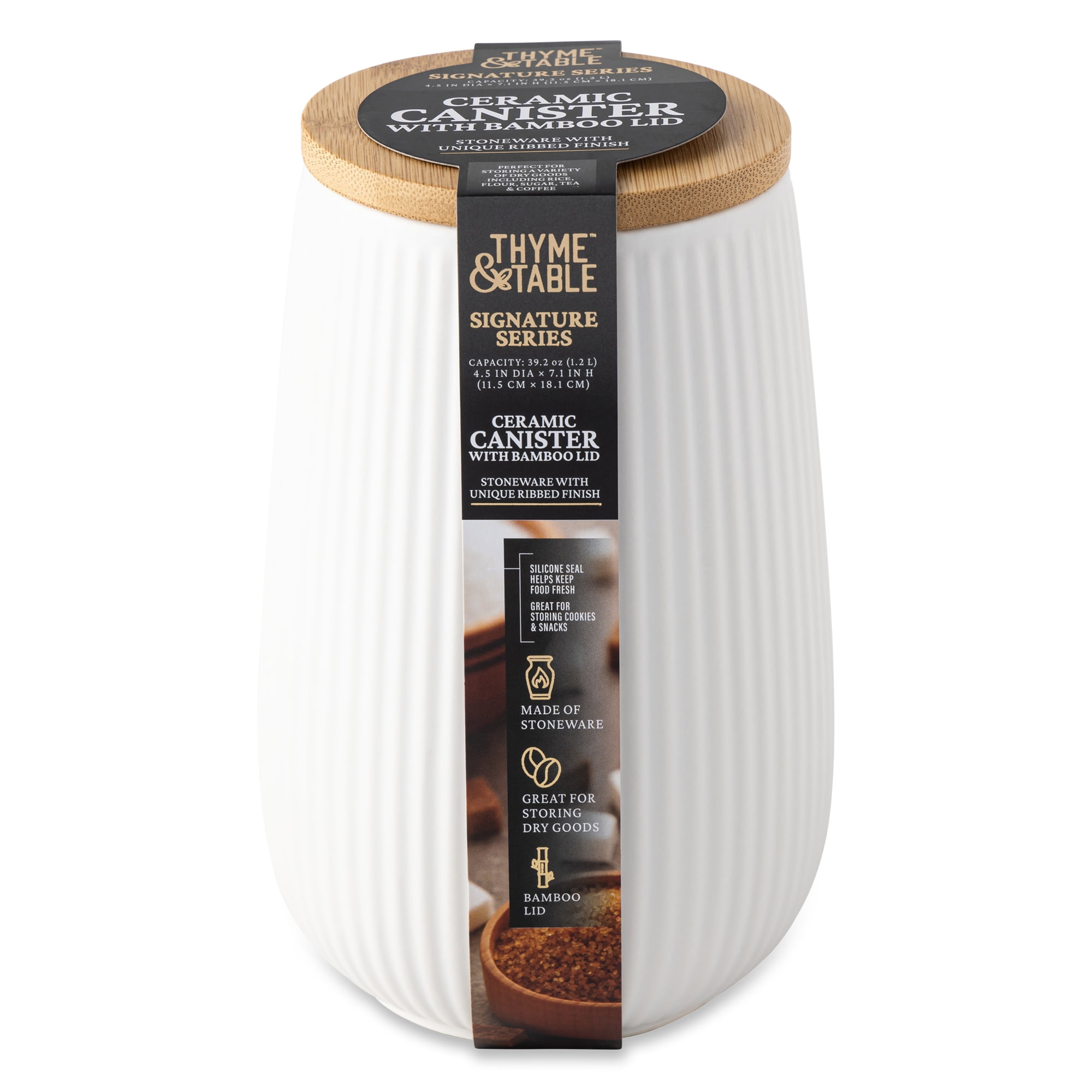 Thyme&Table Large 1.2L White Ceramic Ribbed Canister with Bamboo Lid