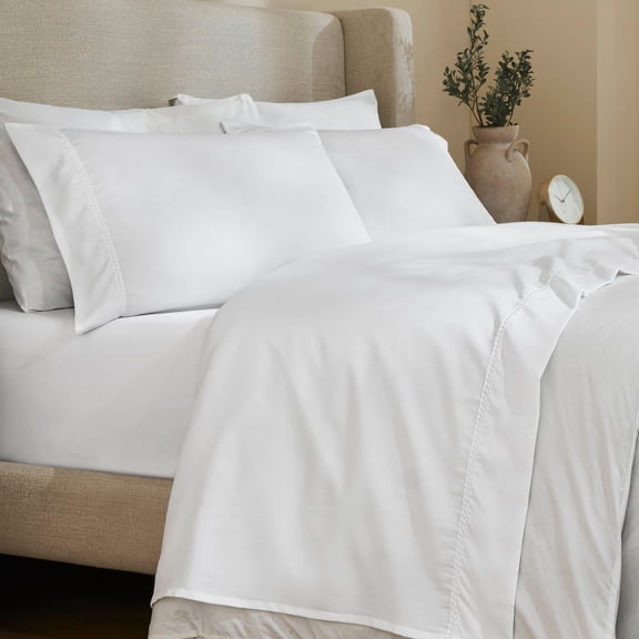 Superior Cotton Blend 600 Thread Count Dash Stitch Hem Sheet Set, Twin-XL, White