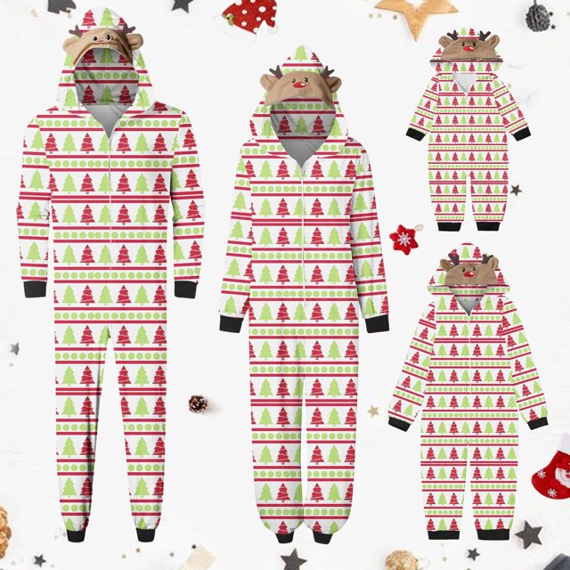 Penkiiy Pyjamas de Noël Assortis Famille Ensemble Parent-Enfant Chaud Imprimé Vêtements de Maison Pyjamas à Capuche Combinaison Rouge Pyjamas de Noël