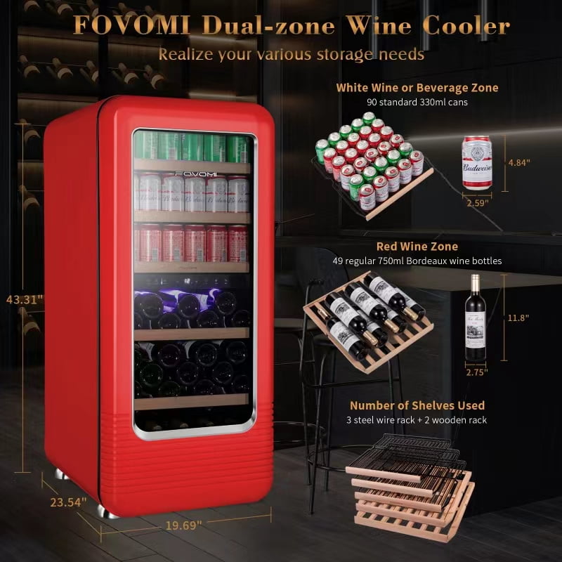 FOVOMI Wine Fridge,91-bottle Wine Cooler Refrigerators Beech Wooden Shelves Dual Zone Large Wine Beverage Freestanding Cellar(Red)