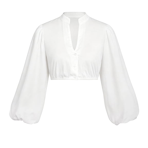 RTKFRFLM Girls Puff Sleeve Blouse Fashion Solid V Neck Long Sleeve Bubble Sleeve Crop Dress Shirt Top Wear 7-14 Years