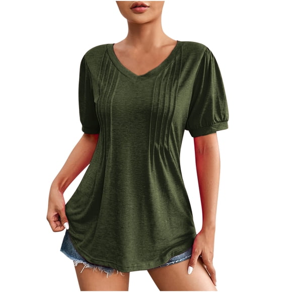 Yuyuzo Tops for Women Trendy Summer Dressy Casual Blouses Puff Short Sleeve Tunic Tops Pleated T Shirts Work Top