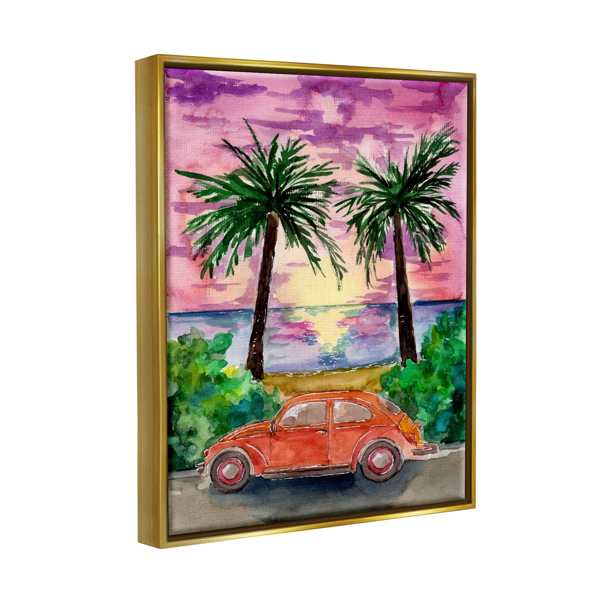 Stupell Industries Summer Beach Buggy Transportation Painting Gold Floater Framed Art Print Wall Art, 25 x 31
