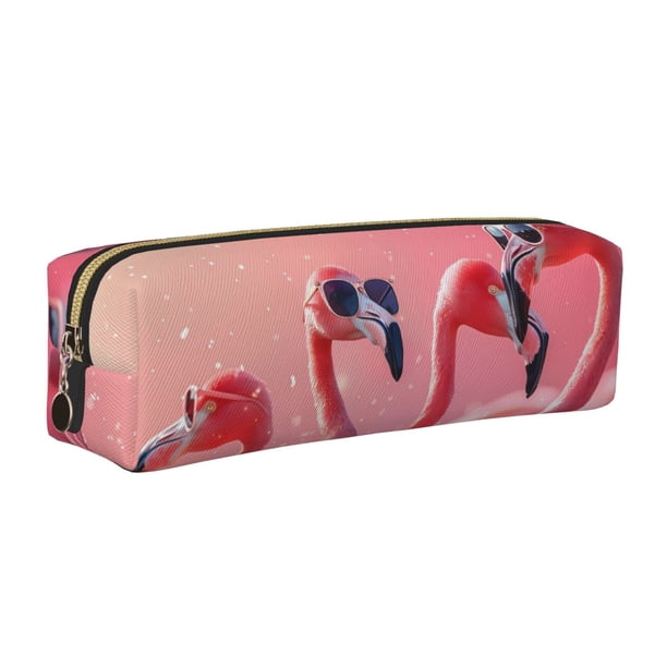 Fotbe Cool Flamingos Sunglasses Scene Estuche para Lápices de Cuero con Estampado, Estuche con Cremallera Resistente, Organizador Compacto y Elegante para Papelería