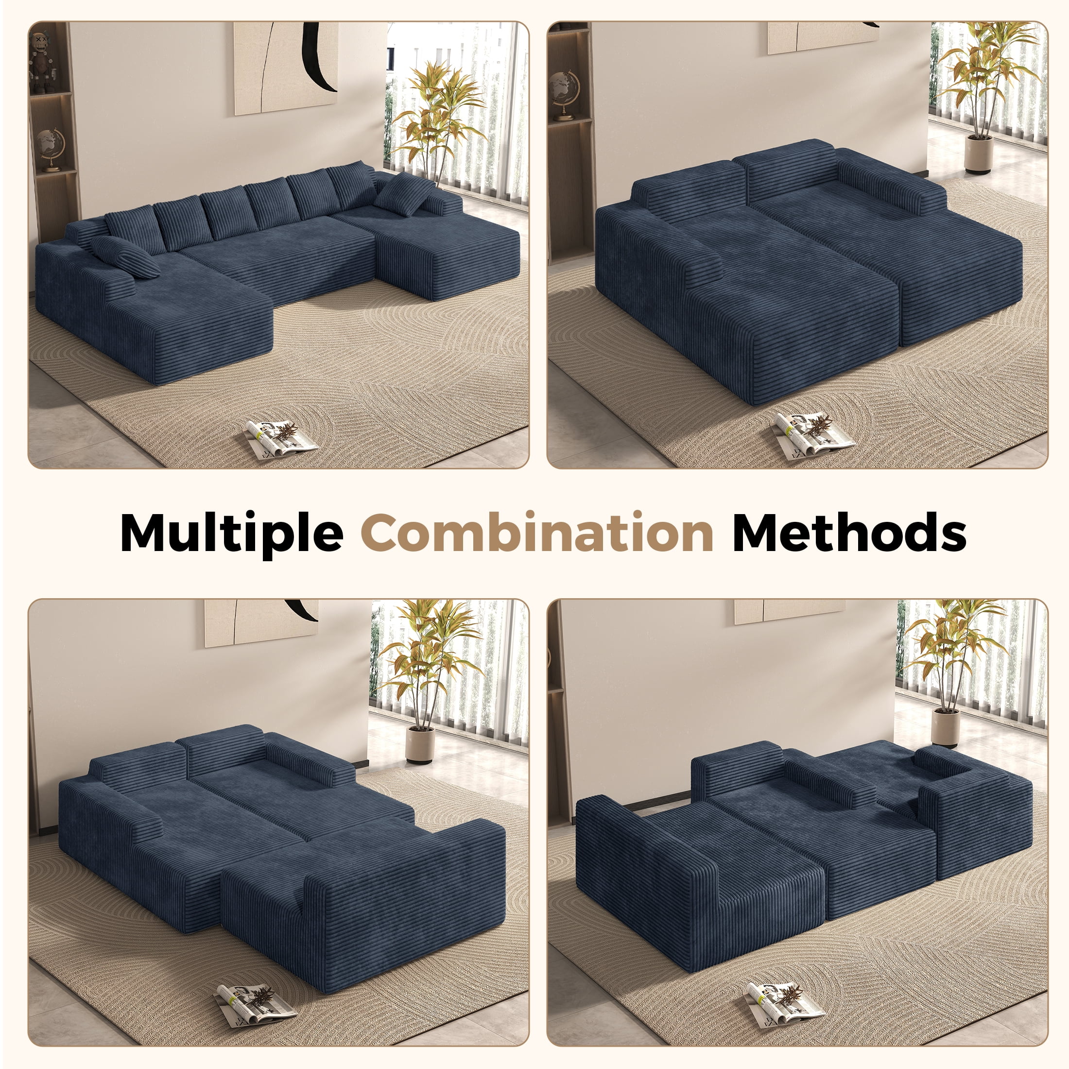 Daluvenix 131'' Modular Sectional Couch Modern U-Shaped Floor Sofa with Double Chaise Lounge Free Combination Luxury Couches for Living Room Gray