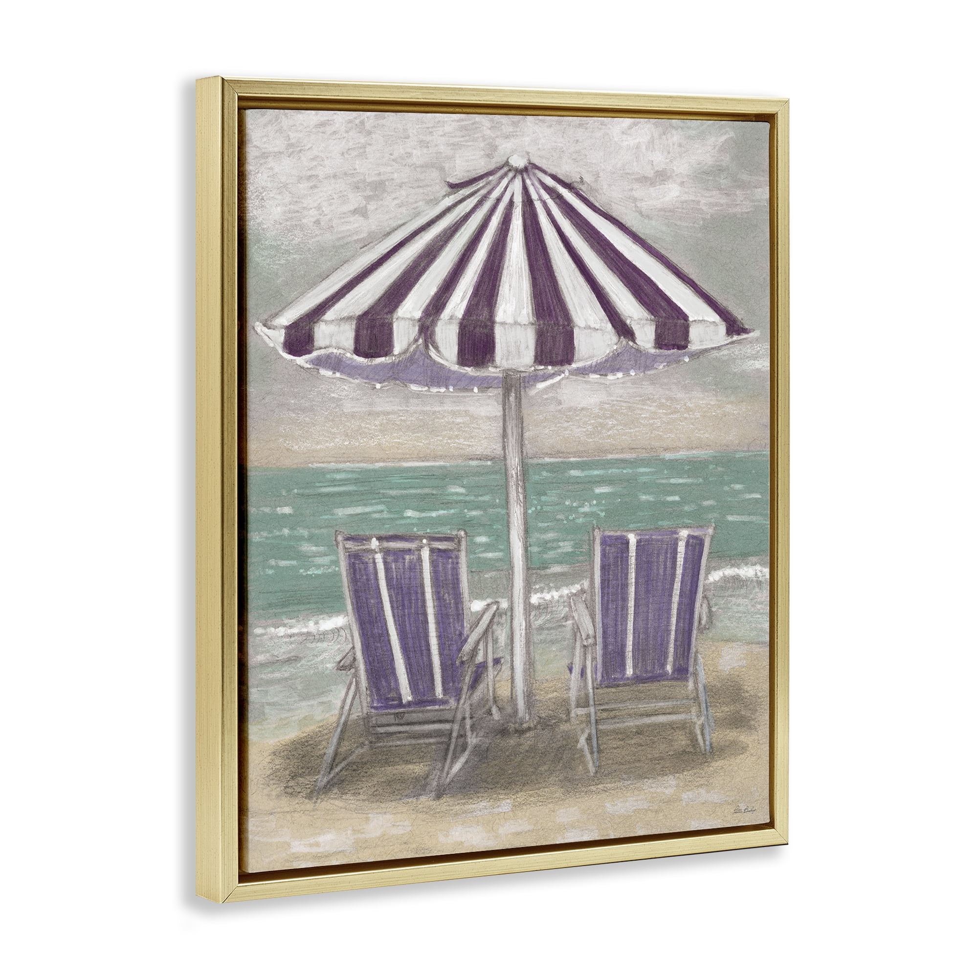 Stupell Industries Umbrella & Chairs on Beach Gold Framed Floater Canvas Wall Art, design by Patti Bishop