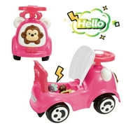 Timate: Push & Ride Racer - Pink & Monkey - Foot-To-Floor Car Ride-On, Push Handle, Air Horn, Anti-Rolling Design, Seat Storage, Toddlers Ages 1-2