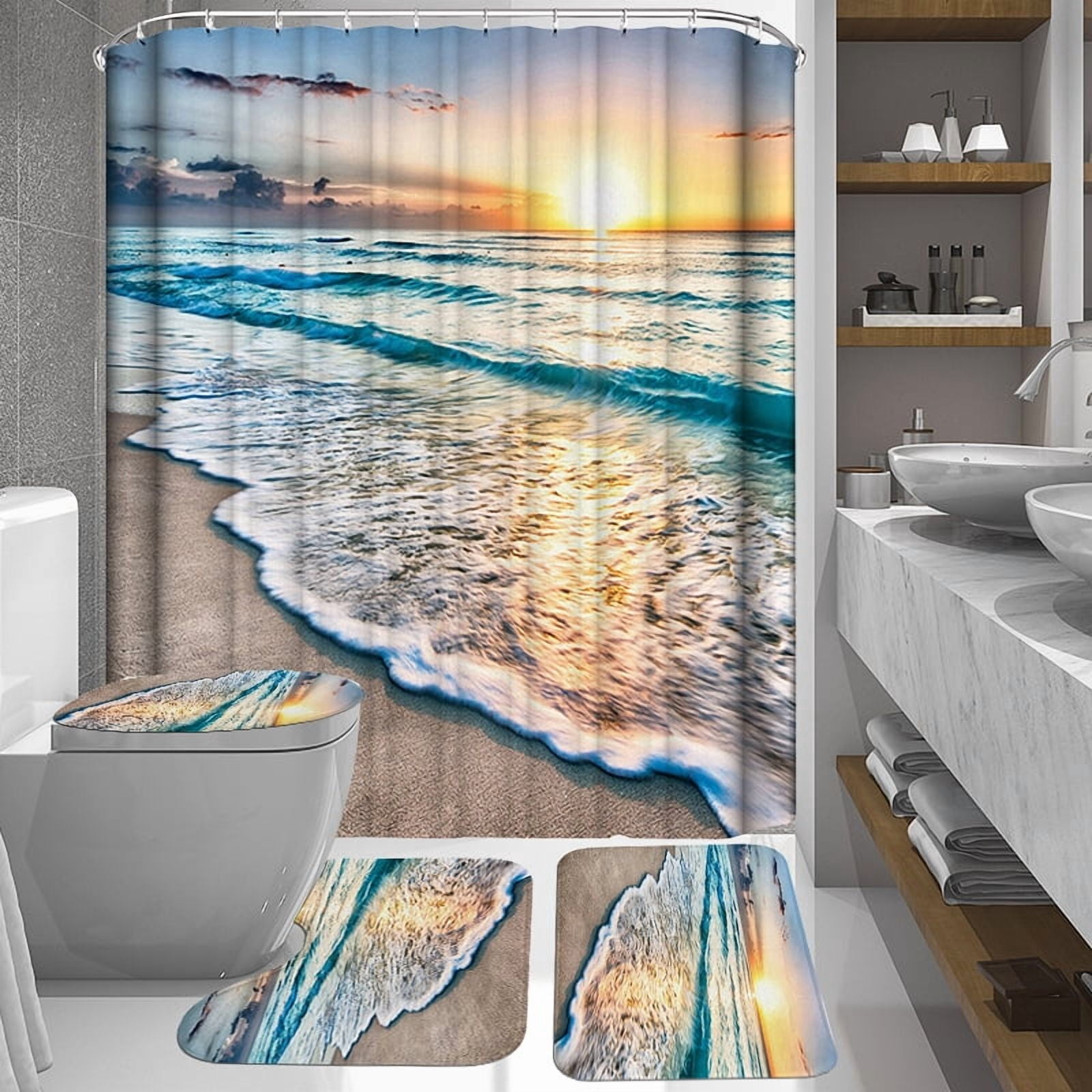 BSHAPPLUS Shower Curtain Set Sunset Beach Bathroom Sets with Shower Curtain and Rugs Waterproof Shower Curtain 12 Hooks for Bathroom 70.9 x 70.9 inches
