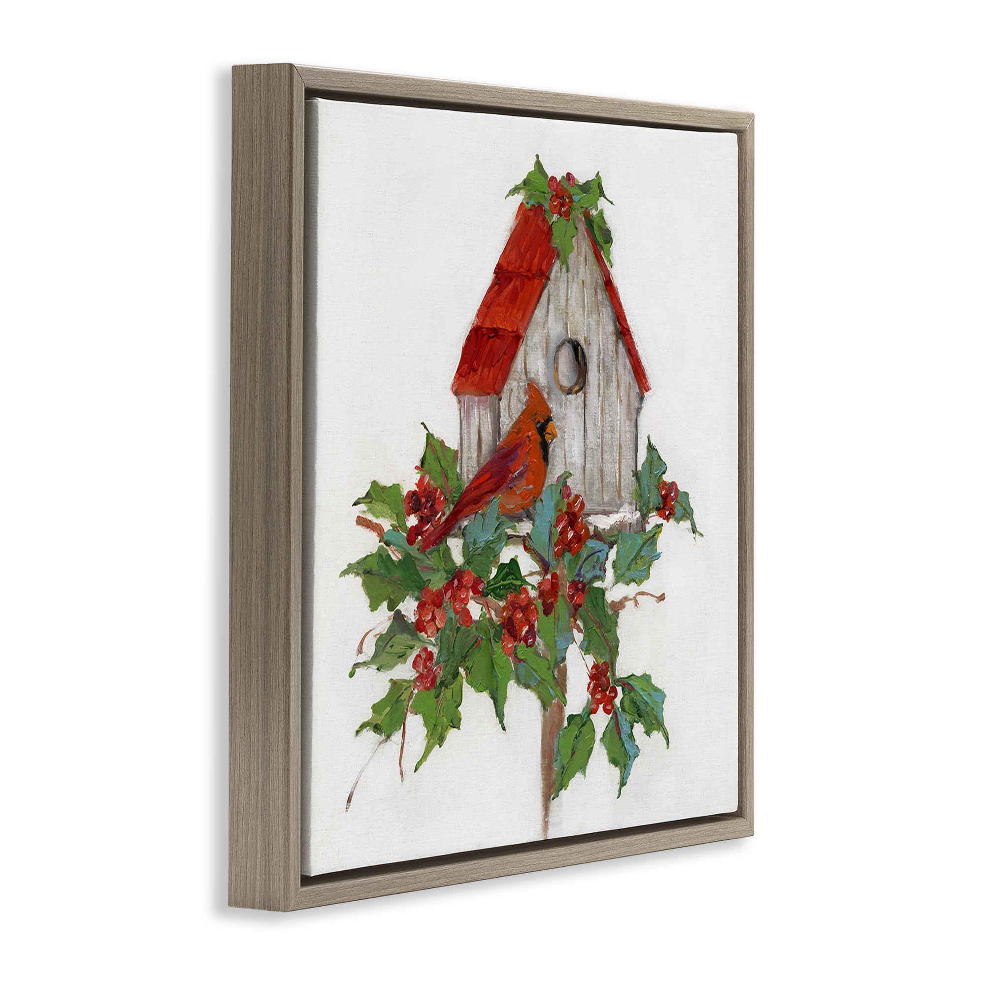 Stupell Industries Winter Plants & Birdhouse Holiday Painting Brown Floater Framed Canvas Art Prints Wall Art, 25 x 25