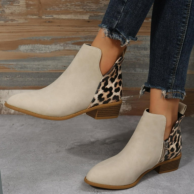 HAOTAGS Women s Low Heel Ankle Boots Leopard Print Womens Dressy Shoes Beige Size 6