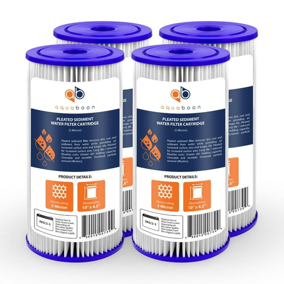 Aquaboon 5 Micron 10" Pleated Sediment Water Filter Replacement Cartridge | Whole House Sediment Filtration | Compatible with FXHSC, ECP5-BB, FM-BB-10-5, CP5-BBS, 255490-43, HDC3001, 4-Pack