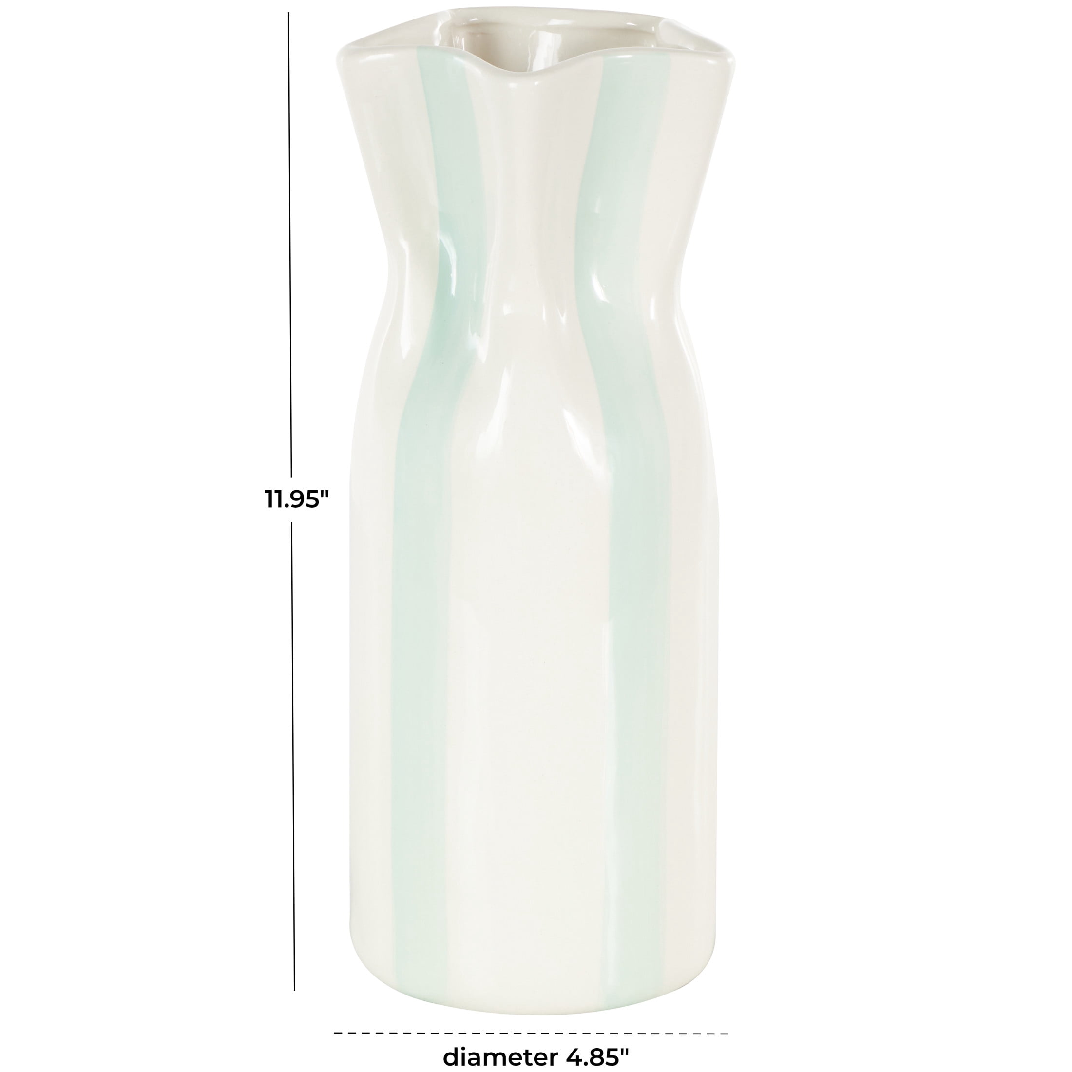 DecMode 12" Round Light Blue Ceramic Vase with White Vertical Stripes