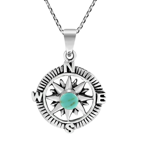 Wanderer’s Guide Sterling Silver Compass Green Turquoise Inlaid Necklace