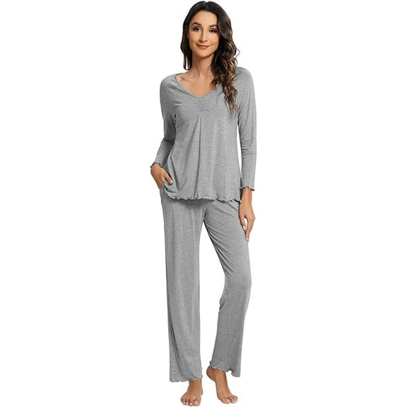 WiWi Womens Viscose from Bamboo Pajamas Set Long Sleeve Top with Pants Sleepwear Soft Knit Pajama Pjs S-XXL, Heather Grey, XX-Large