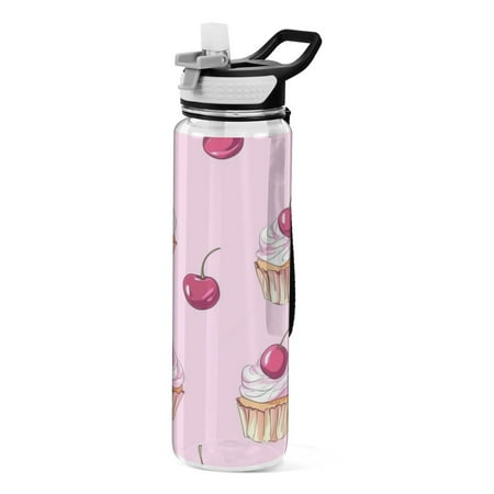 

32oz Transparent Sports Water Bottle with Straw BPA Free Tritan for Kids Adults Outdoor School Gym Fitness Cake and Cherries