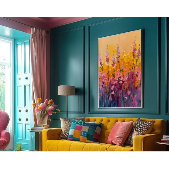 Modroom Printed Purple Yellow Wild Flowers Eclectic Funky Maximalist Art Print - Boho Eclectic, Funky Wall Art Wall Art, Modern Wall Decor, 8x12 UNFRAMED