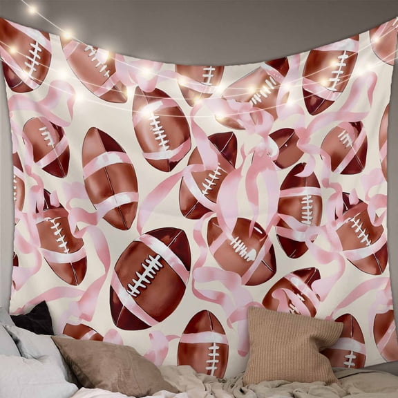 Pink Football Ribbon Large Tapestry for Bedroom Wall Hanging Tapestry, Modern Game Ball Watercolor Ceiling Backdrop Tapestries Poster Blanket Wall Decor for Teens Room Living Room Dorm 86" x 104"