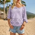 thumbnail image 5 of WHEANG Summer Fashion Crochet Top for Women Solid Color V Neck Beach Cover Up Crochet Long Sleeve Casual Tops Cover Cruise Outfit Breathable Loose Fit Blouse(Color Purple Size L), 5 of 5