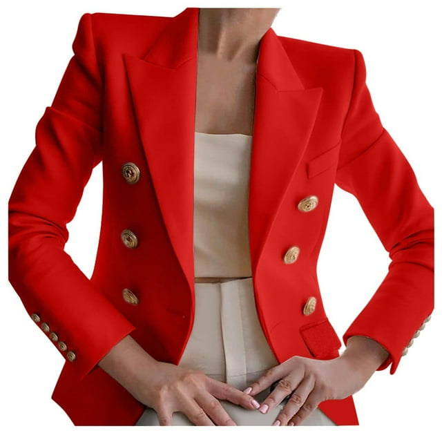 Zkozptok Women Cardigans Open Front Business Work Lady Solid Button Suit Jackets Coat Outwear,Red,M