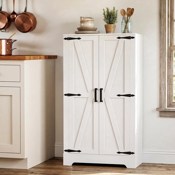 iSunirm 43.3'' Tall Farmhouse Pantry Storage Cabinet, Small 2 Door Food Cupboard with 3 Adjustable Shelves for Kitchen & Dining, White