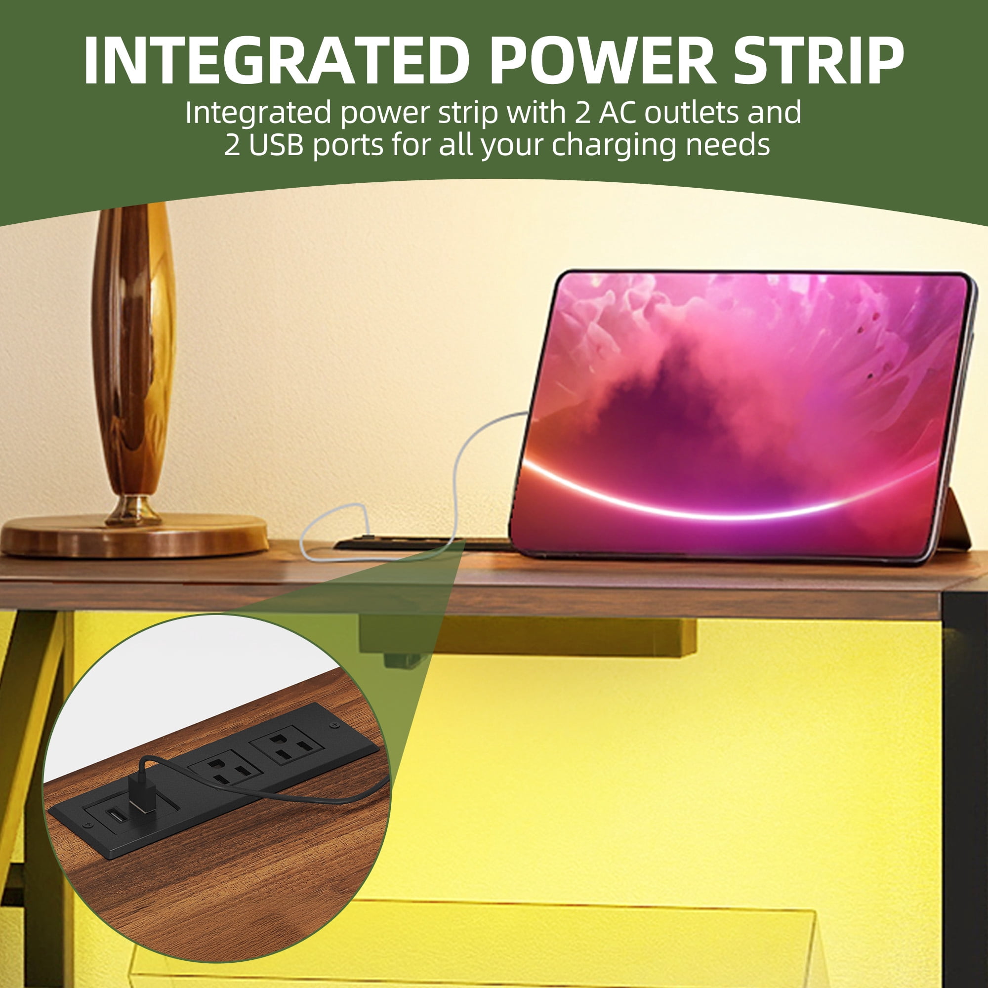 Uforic 3-Tier Vinyl Record Player Stand with RGB LED Light, Power Strip (AC/USB), Walnut Storage Cabinet Holds 300 Albums