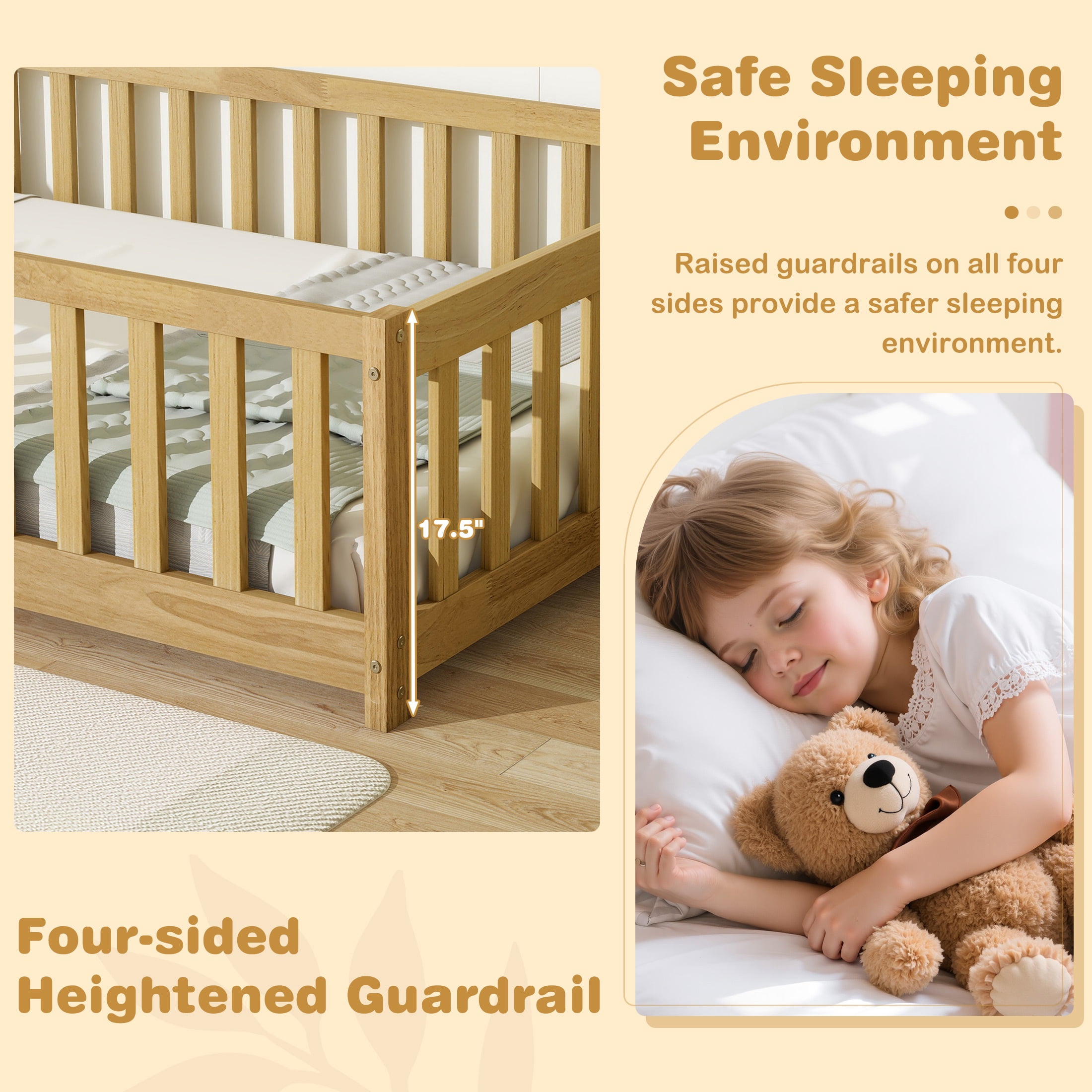 PORKISS Twin Floor Bed with Guardrails, Natural Montessori Floor Bed Frame for Kids, Wood Toddler Bed Frame with Slats, Low Profile Kids Bed, Open Entry, No Box Spring Needed