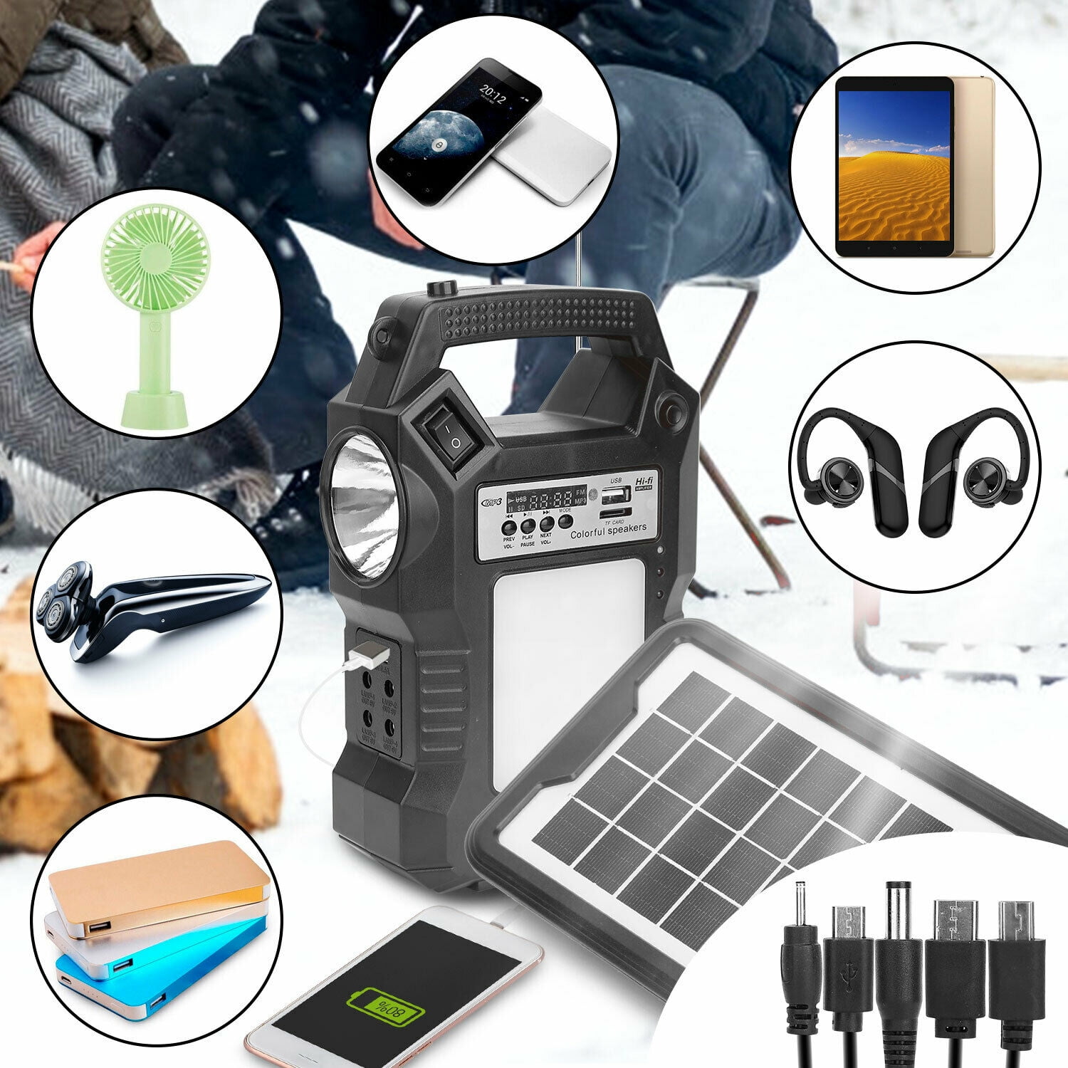 Solar Generator Portable Power Station with Solar Panel, 8000mAh Battery 3 LED Bulbs Flashlights Fm Radio for Home Outdoors Camping Travel Emergency