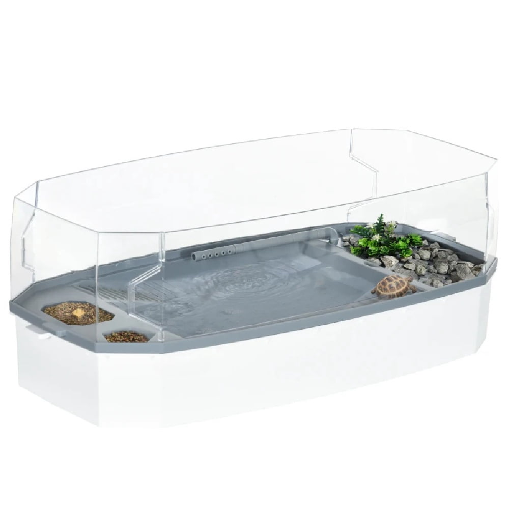 Turtle Tank Reptile Habitat Aquarium Indoor Terrarium 24.5In 3-Layer Filtration System Water Pump Circulation Basking Climbing Diving Areas Drainage Holes White Polypropylene PC Assembly