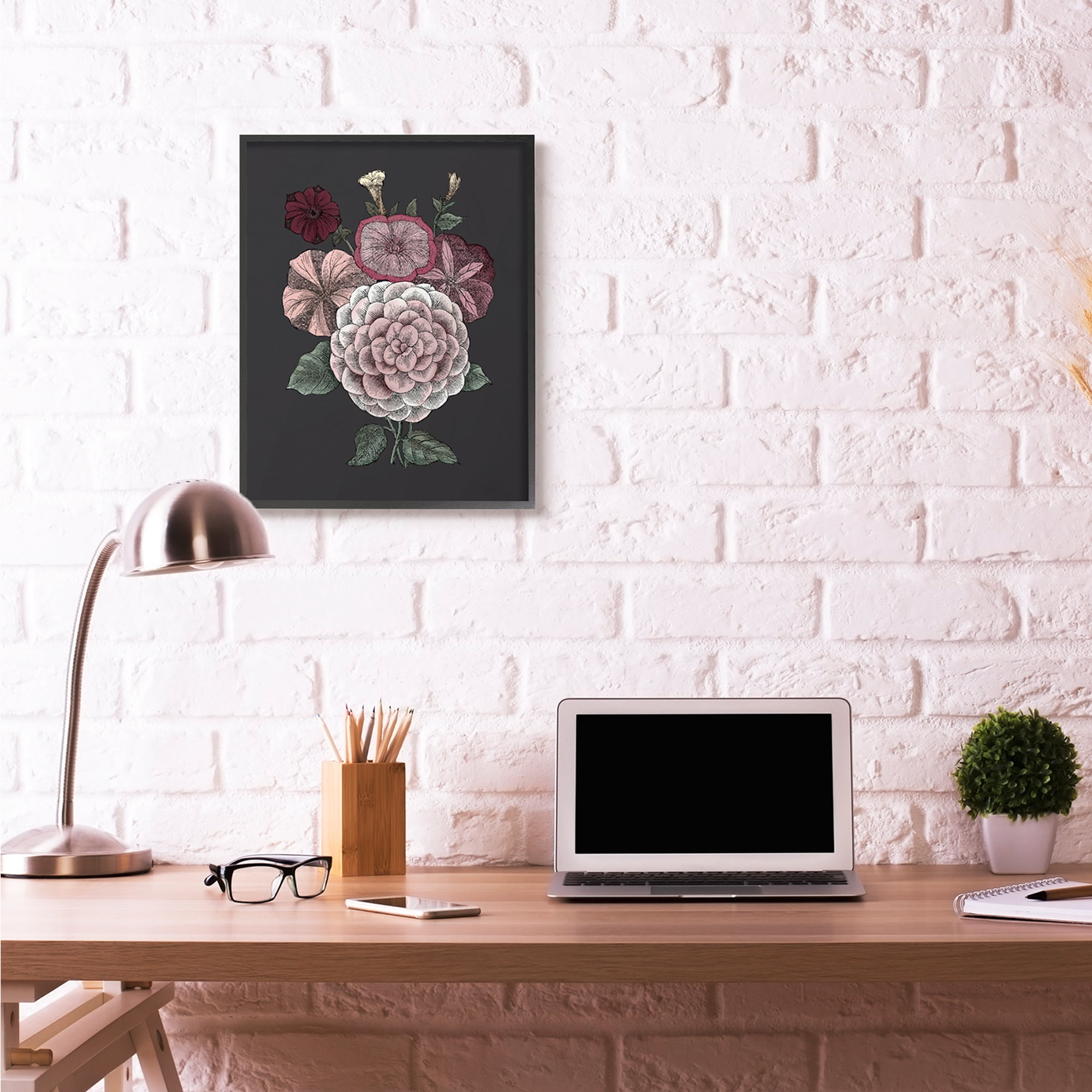 Stupell Industries Pink Flowers On Black Drawing Design Black Framed Art Print Wall Art, 24x30, by The Saturday Evening Post