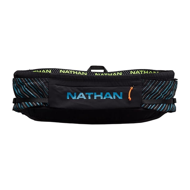 Nathan Running Belt Cinturón/riñonera de hidratación Pinnacle. Incluye bolsillo con cremallera para almacenamiento de petaca blanda. Para correr, senderismo, riñonera. ¡Sin rebote! (L/XL Negro/Azul)