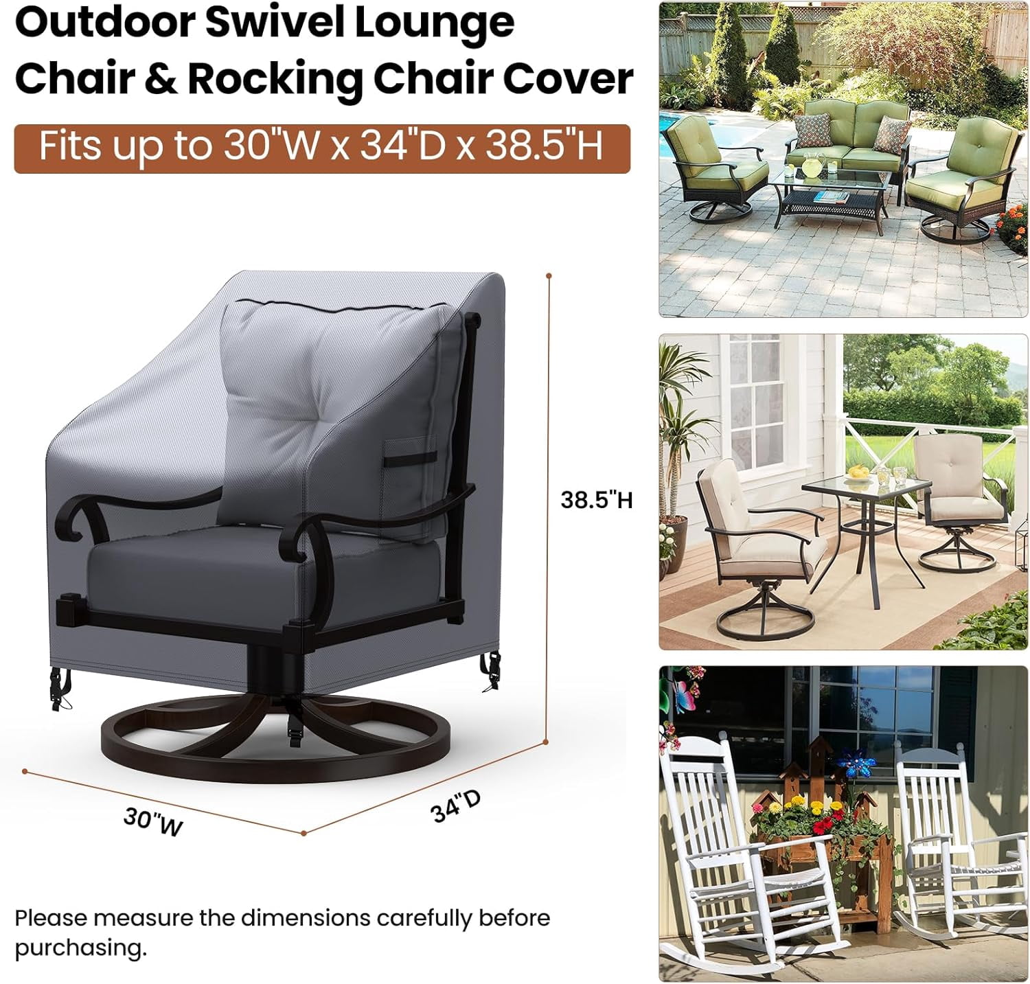 SUMMIT-Patio Chair Covers, 2 Pack Outdoor Swivel Lounge Chair Cover, Heavy Duty Patio Rocking Chair Covers, Patio Furniture Covers Waterproof, 30" W×34" D×38.5" H, Grey