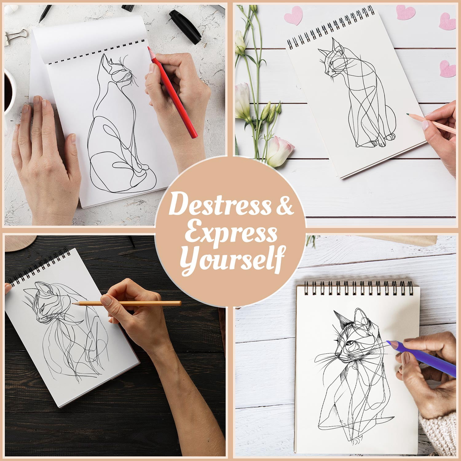 Netecom Minimalist Cat Coloring Book for Adults, A5 Wooden Cover, 30 Simple Coloring Pages of Feline Serenity for Stress Relief and Relaxation, Spiral Bound Edition