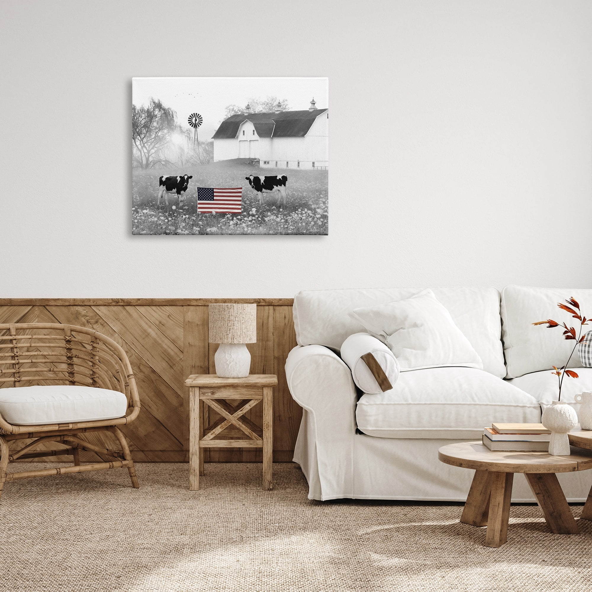 Stupell Americana Barn Country Cows Flag Animals & Insects Painting Gallery Wrapped Canvas Print Wall Art