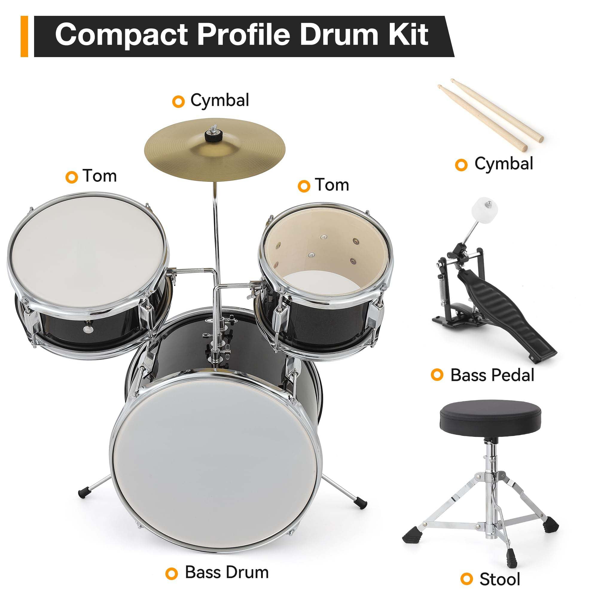 Huisuilinss Kids Drum Set For Musical Instruments,3-Piece Junior Drum Sets For Beginner,With Bass,Tom-Tom,Snare,Cymbals,Hi-Tone,Sticks,Base Pedal And Stool