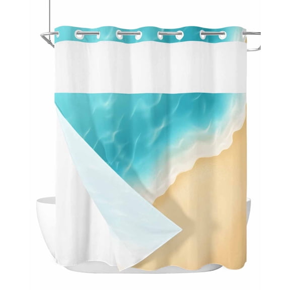 No Hook Cloth Fabric Shower Curtain with Snap in Liner, Aqua Blue Beach Waterproof Shower Curtains Set with See Through Top Window, Summer Seaside Ombre Bath Curtains Shower 72"x72"