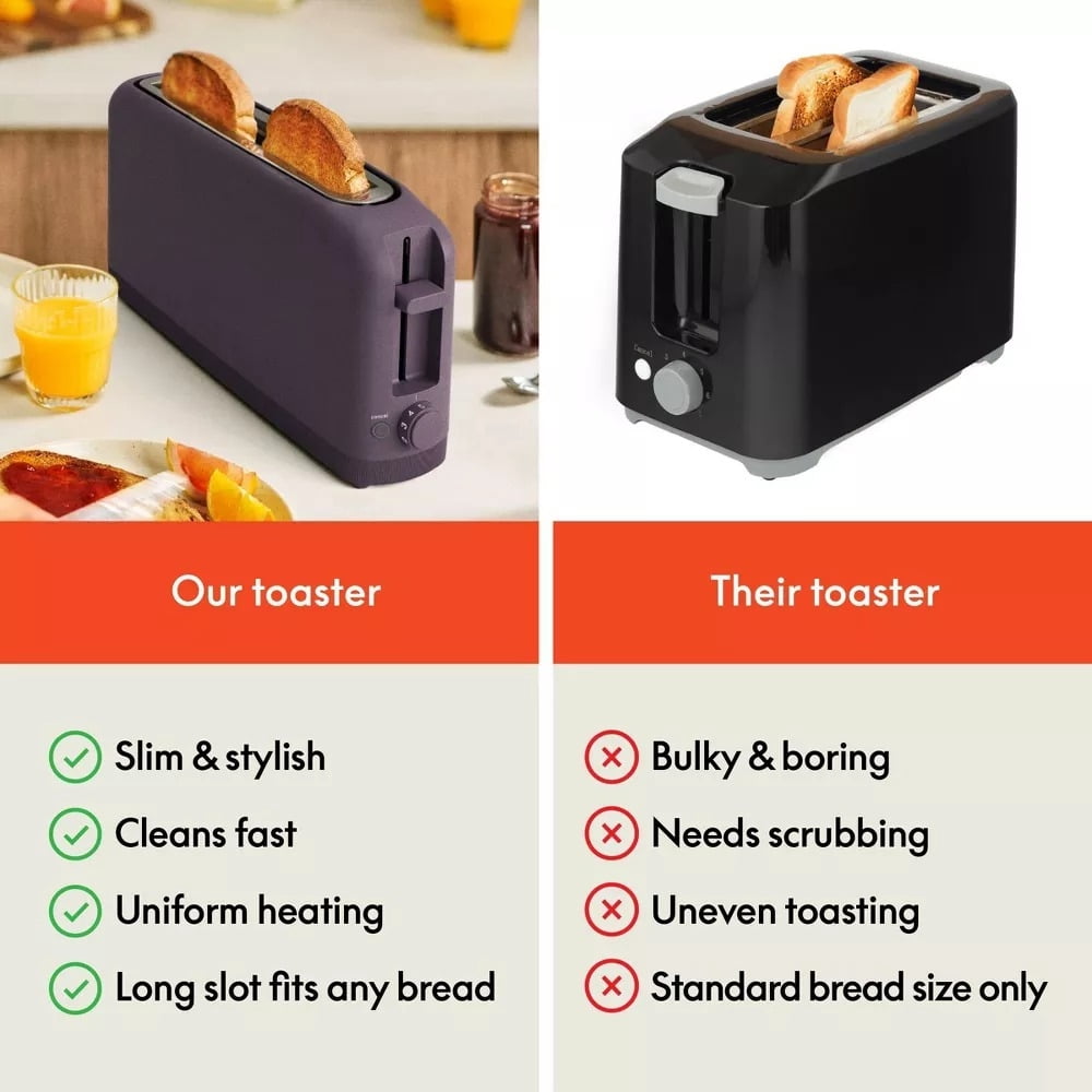 2-Slice Slim Toaster, 900 Watts, Metal Material, 6.85H x 14.88W x 3.58D