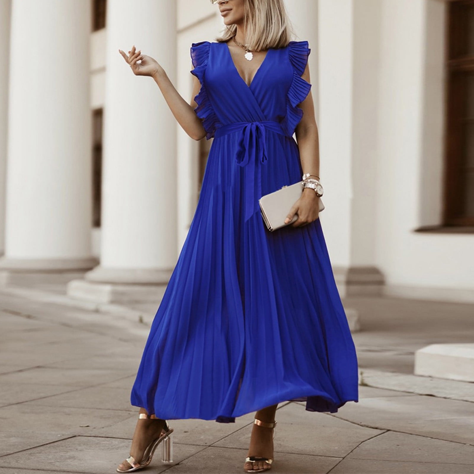 Finelylove Girls Summer Dresses Dresses Under 20 Dollars For Women V-Neck  Solid Sleeveless Sun Dress Blue - Walmart.com