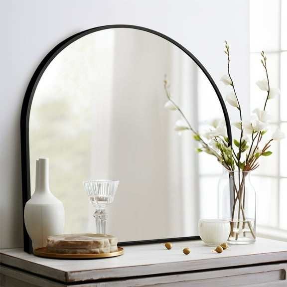 MAYEERTY 30×28in Modern Arched Aluminum Alloy Black Framed Hanging Mirror, Wall-Mounted for Vanity & Sink