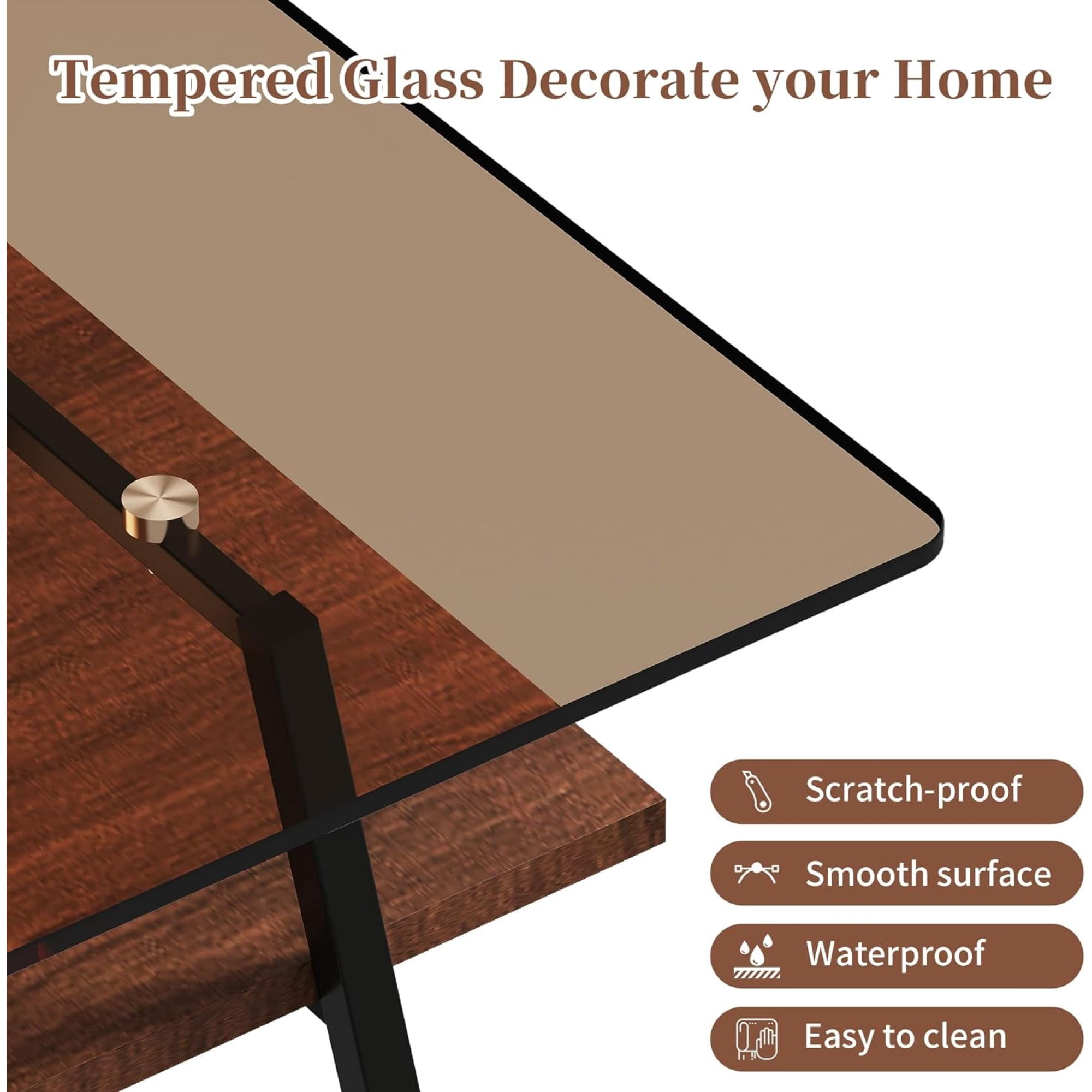 BJSN Glass Coffee Table for Living Room Small Gold Mid Century Coffee Table for Living Room with Wood Shelves (Black Frame, Transparent Glass   Brown Wood),Brown Glass   Brown Wood