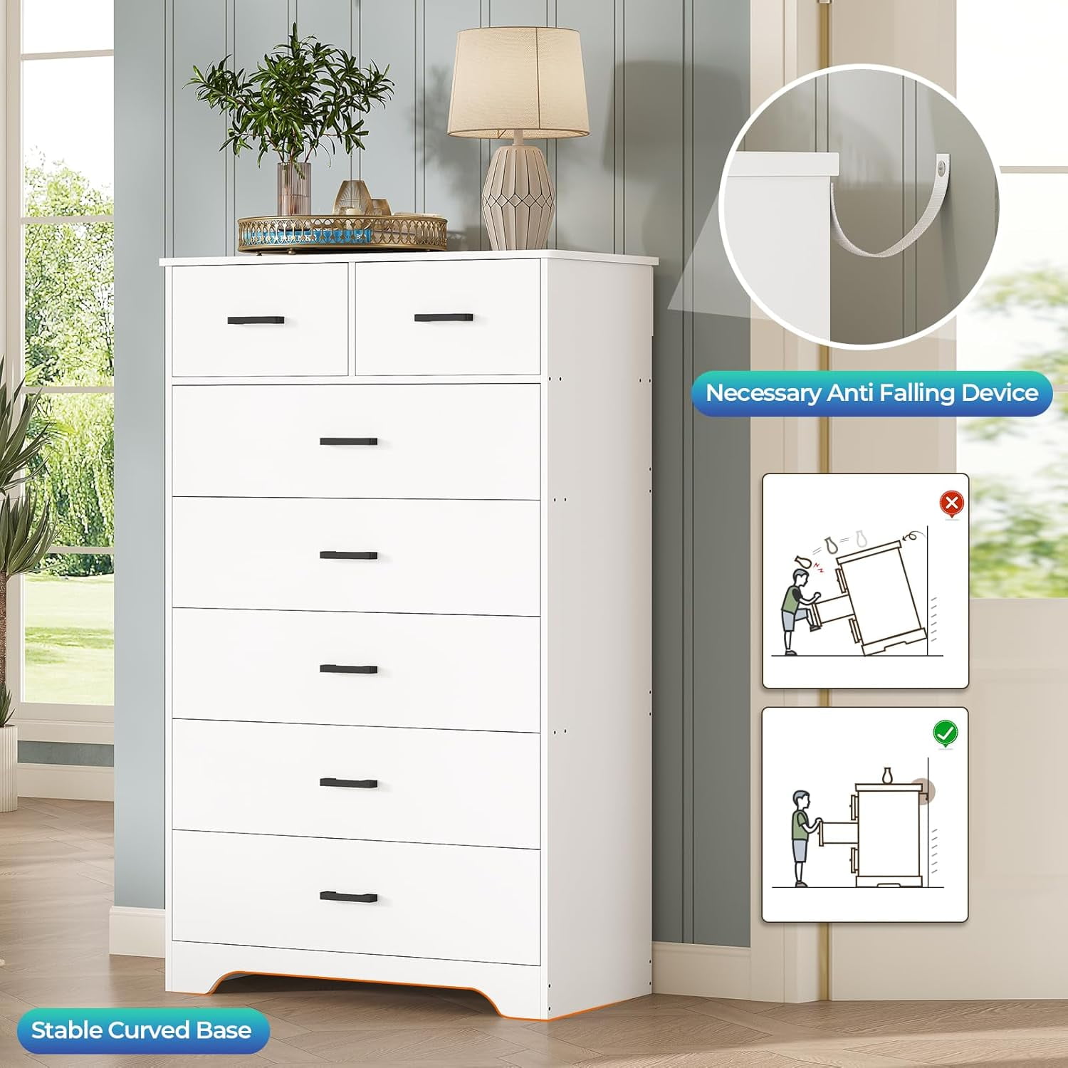 White 7 Drawers Dresser for Bedroom, Modern Chest of Drawers with Metal Handle, Vertical Dresser Storage Cabinets for Living Room Hallway