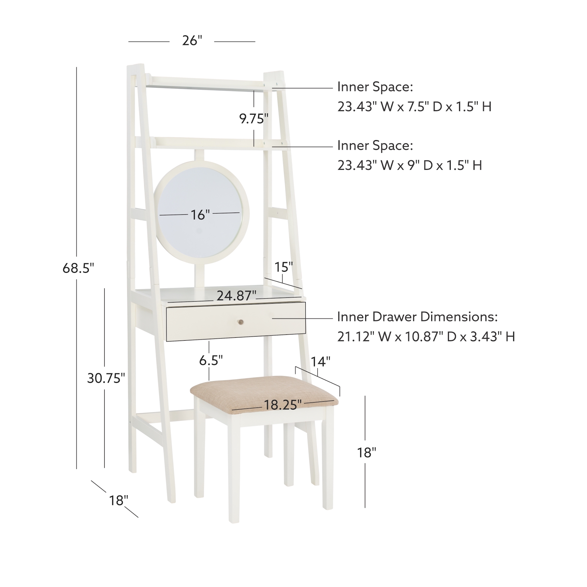 Linon Dilton 2-Piece Vanity Set and Stool, White
