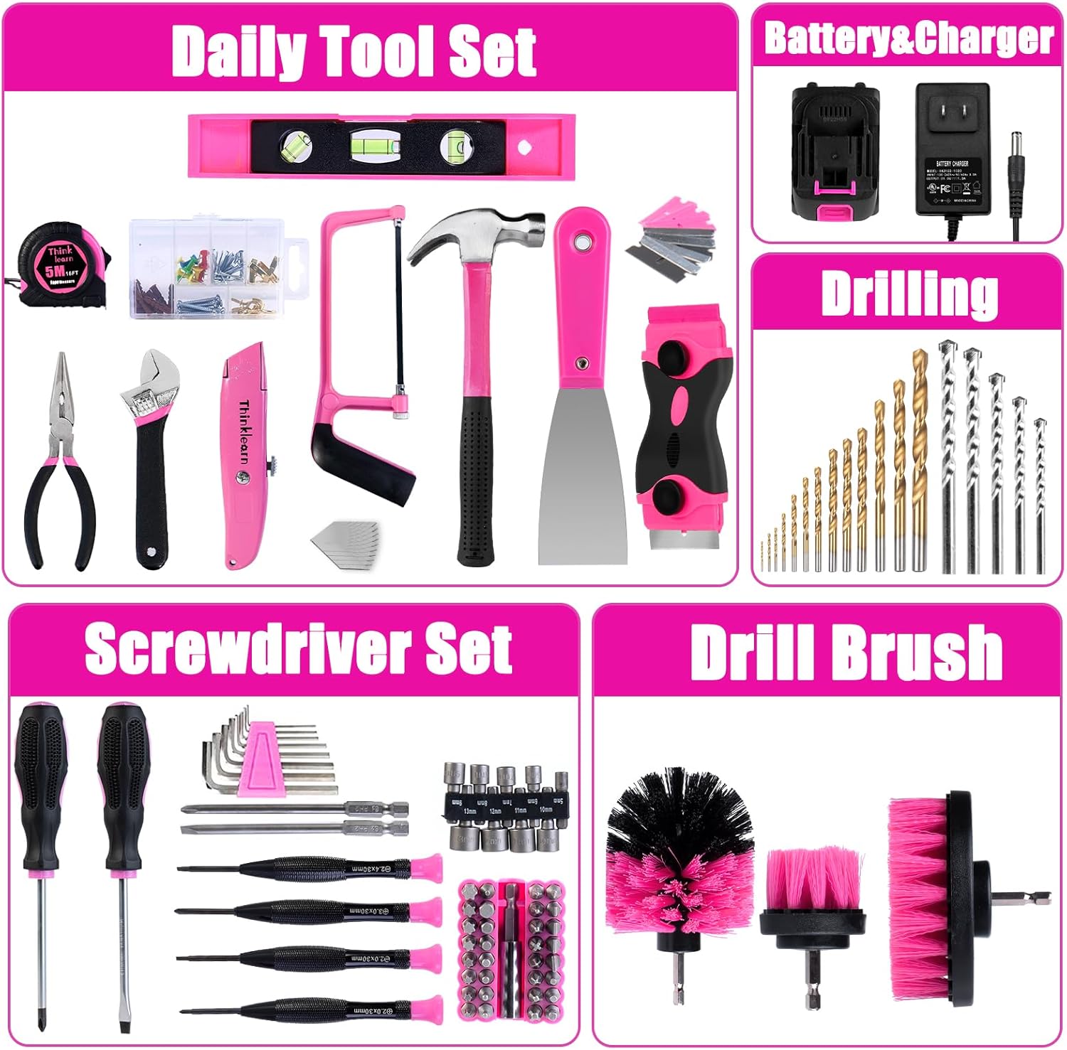 ThinkLearn 20V Pink Cordless Drill Tool Kit, 175-Piece Set photo 4
