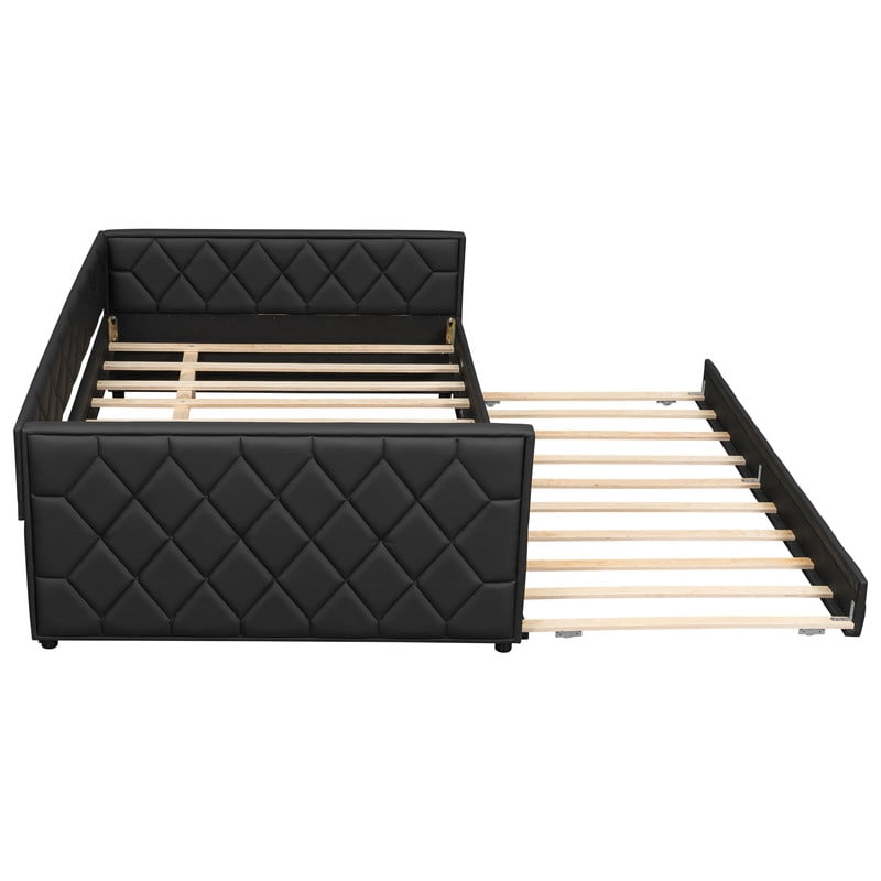 Full XL Size Faux Leather Upholstered Daybed with Twin Size Trundle, Low-Profile Sofa Bed Frame with LED Lighting Armrests