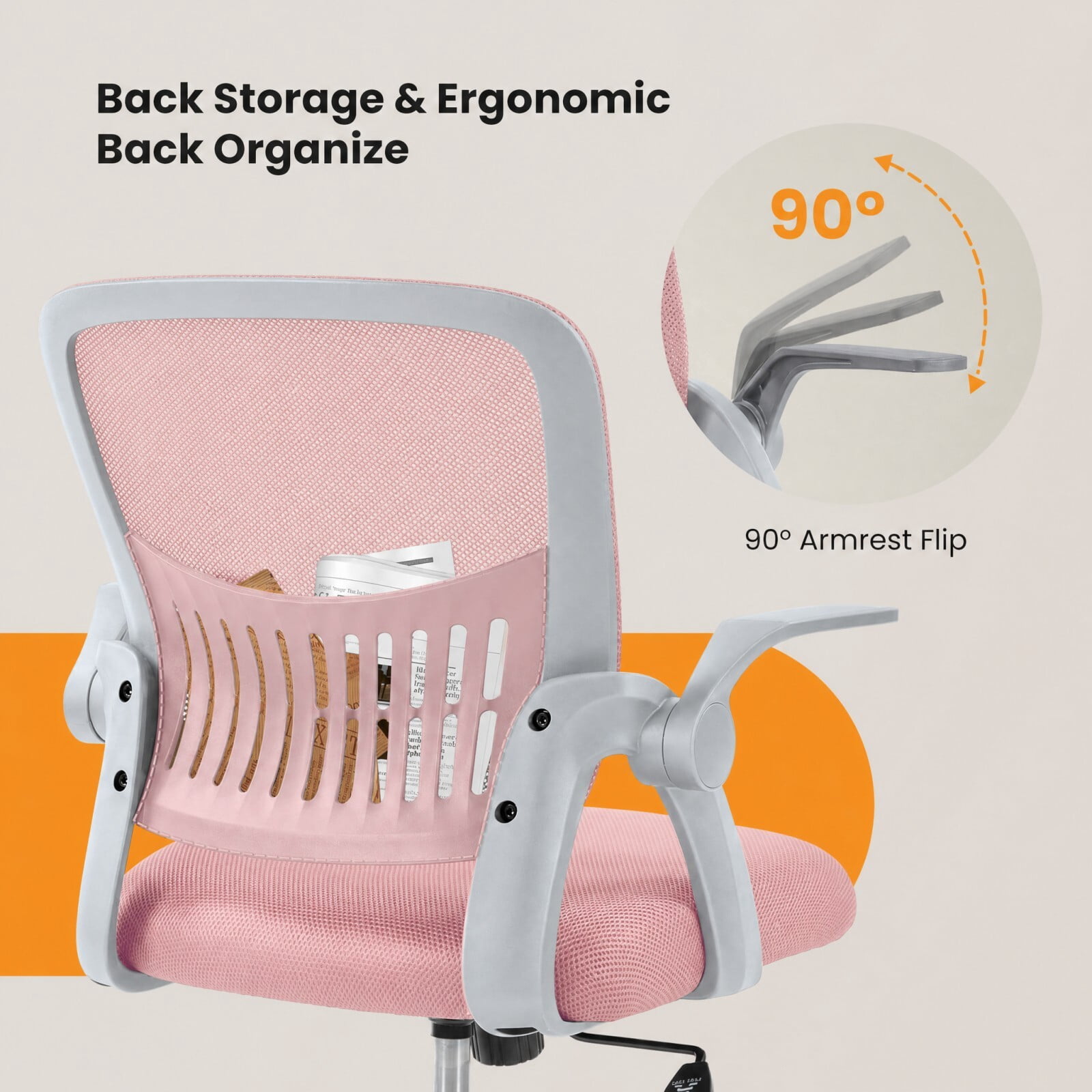 Kelno Ergonomic Mesh Office Chair Mid Back Desk Chair with Lumbar Support Flip-up Armrests Adjustable Height Swivel Task Chair, Pink