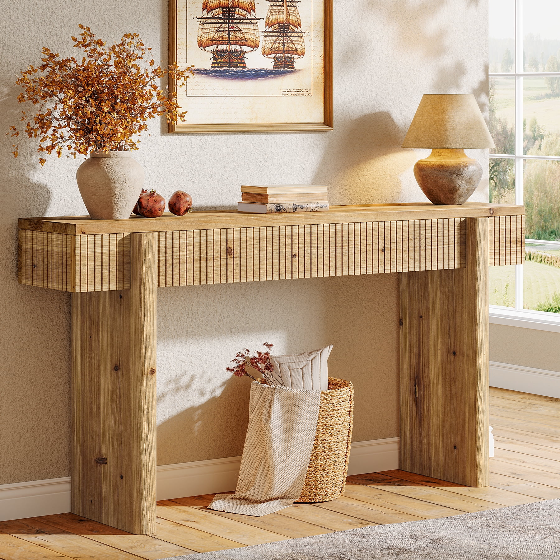 Finmind 55-inch Solid Wood Console Table, Farmhouse Entryway Table, Rectangular Sofa Console with Fluted Top, for Living Room, Hallway, Natural Brown