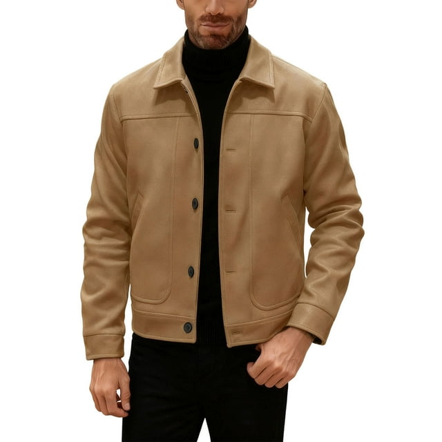 Lovzfmll Men's Wool Blend Jacket Outdoor Style Button Front Pockets Khaki, M