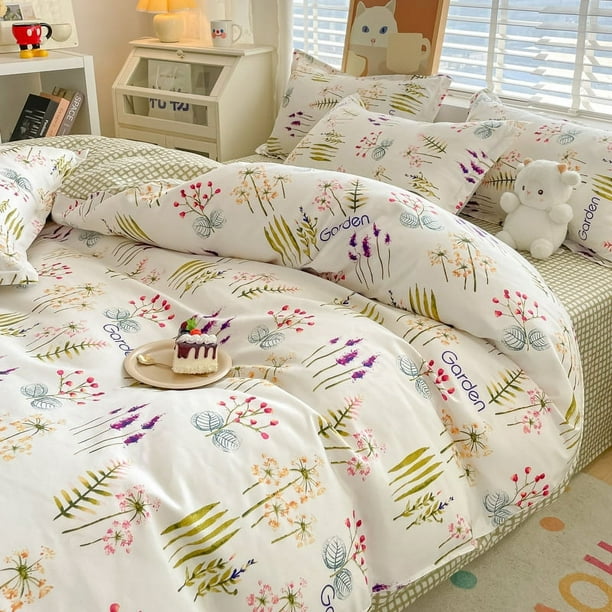 Lindos juegos de cama con edredón para el hogar, funda nórdica de algodón lavado, juego de sábanas planas, cama tamaño queen, king size para niñas y parejas